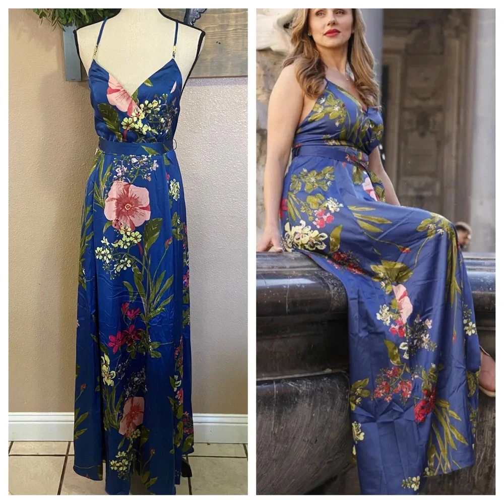 NWOT The Lulus Still the One Blue Floral Print Satin Maxi Dress